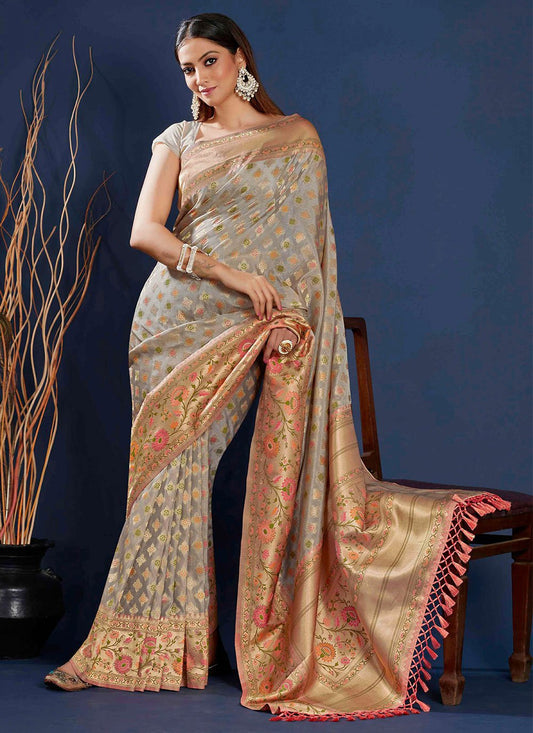 Trendy Saree Organza Grey Weaving Saree