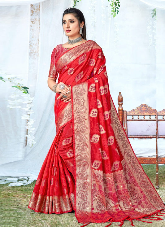 Traditional Saree Organza Red Embroidered Saree