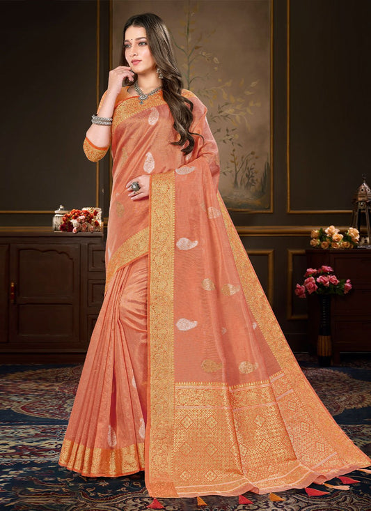 Trendy Saree Organza Orange Weaving Saree