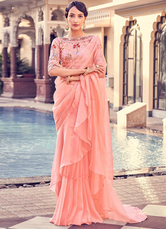 Ruffle Saree Organza Peach Dori Work Saree