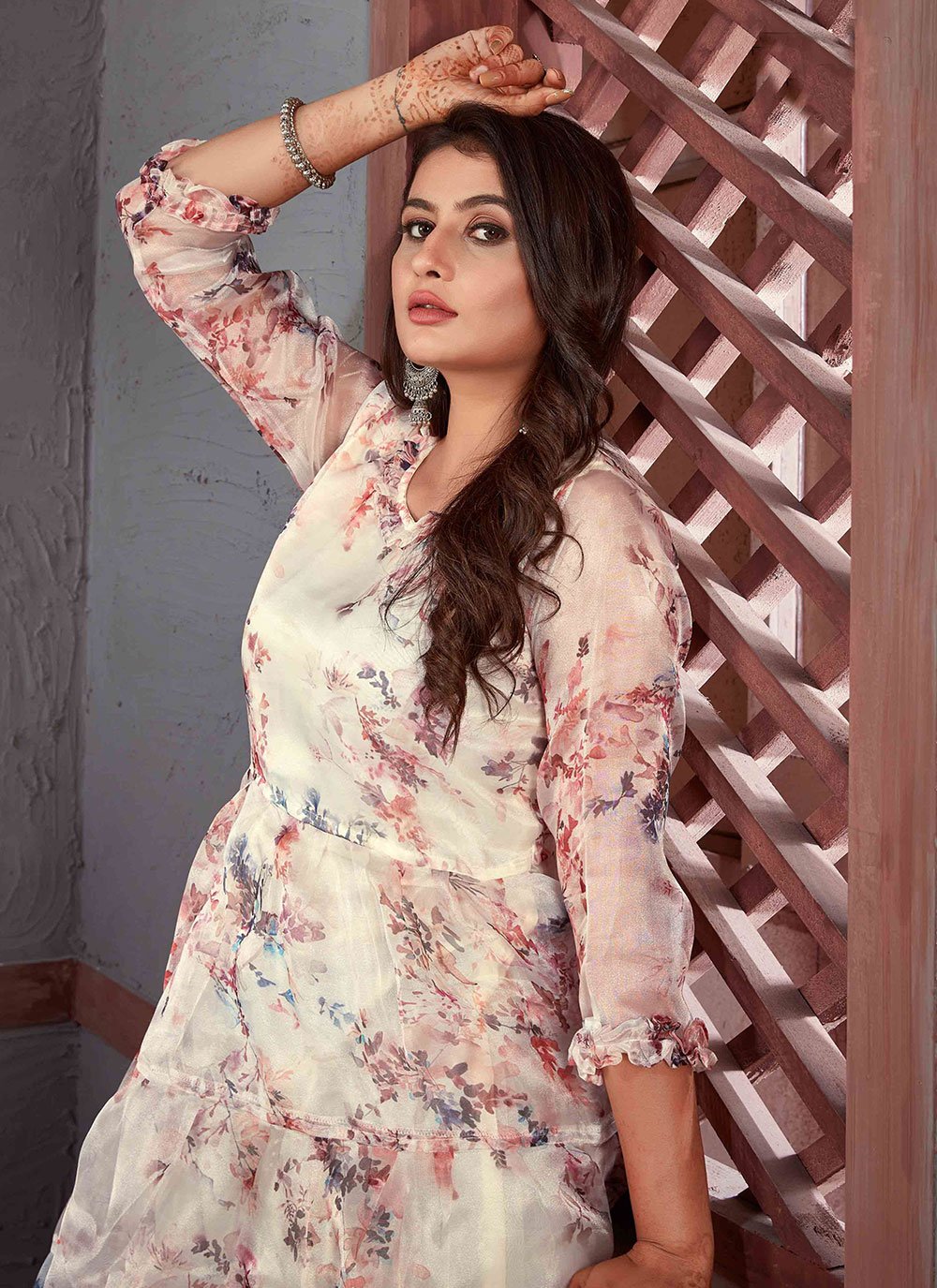 Casual Kurti Organza White Floral Patch Kurtis