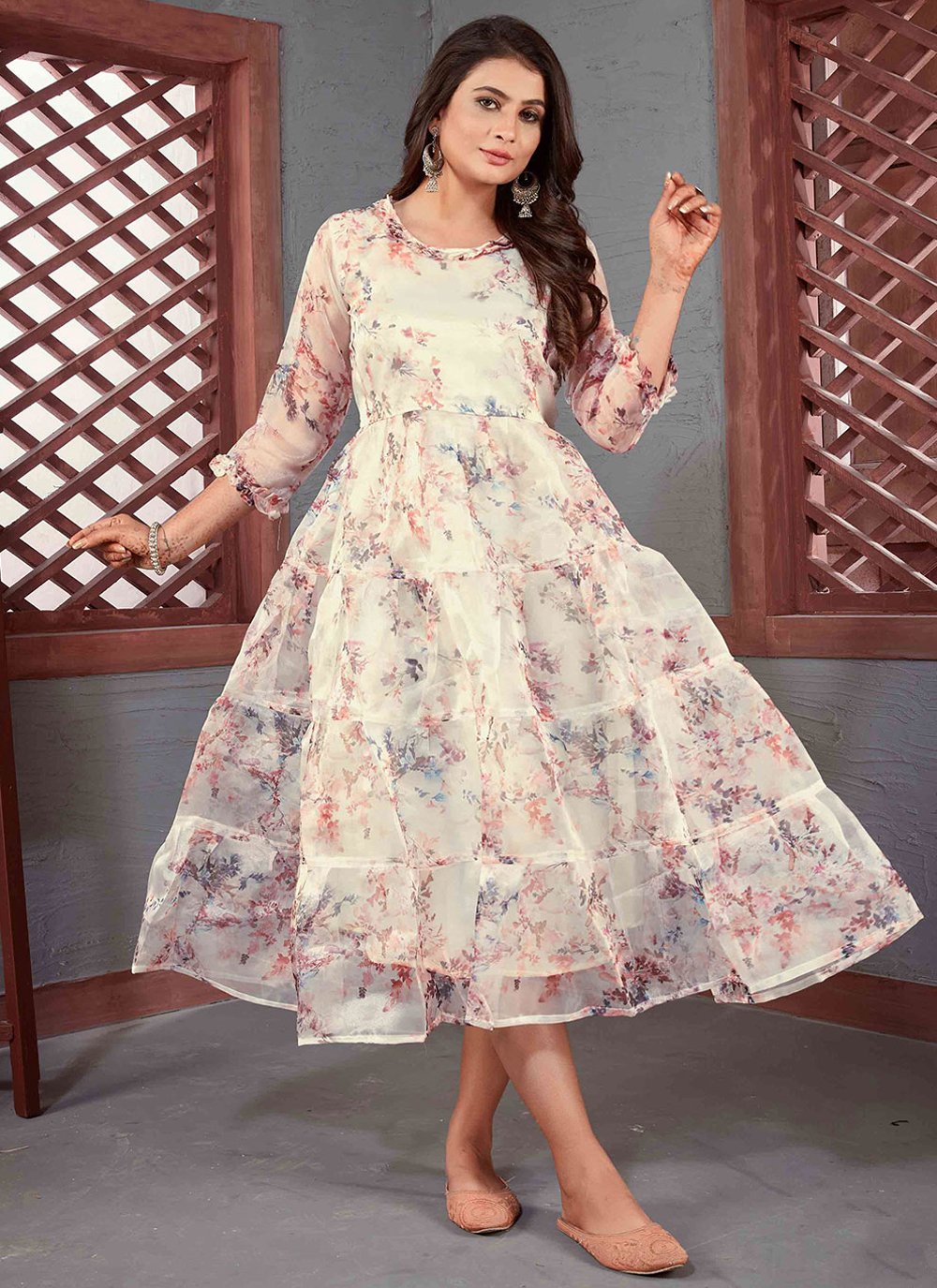 Casual Kurti Organza White Floral Patch Kurtis