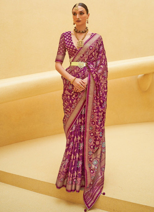 Classic Brasso Organza Wine Weaving Saree