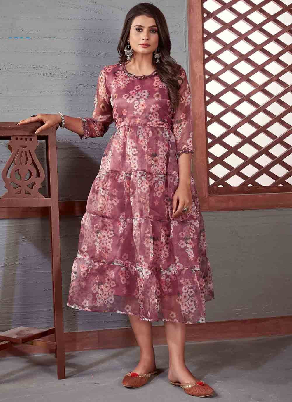 Casual Kurti Organza Wine Floral Patch Kurtis