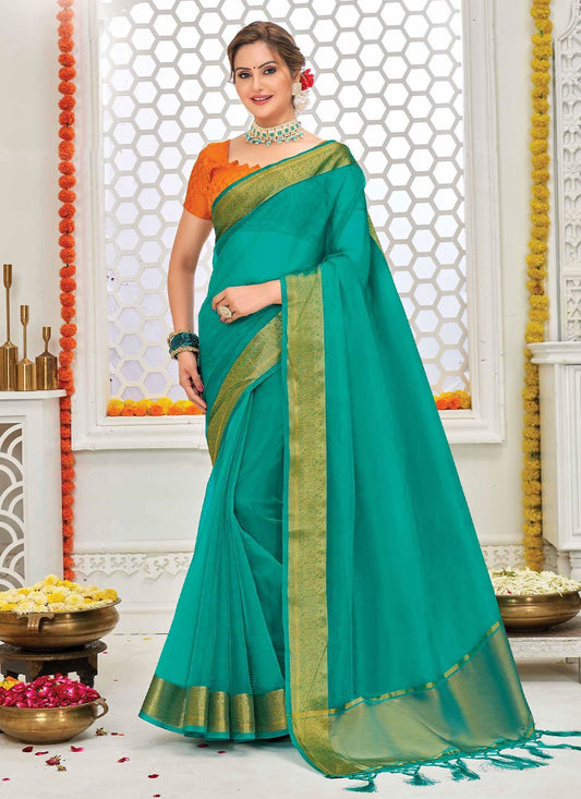 Contemporary Organza Silk Sea Green Patch Border Saree