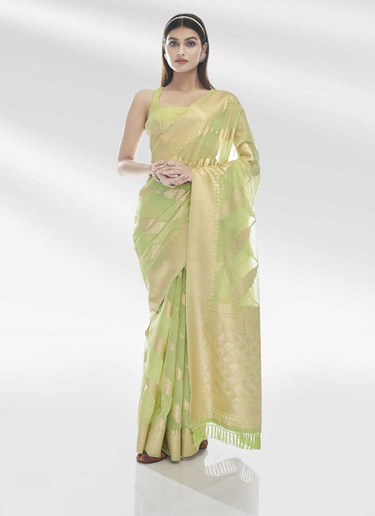 Designer Organza Green Woven Saree