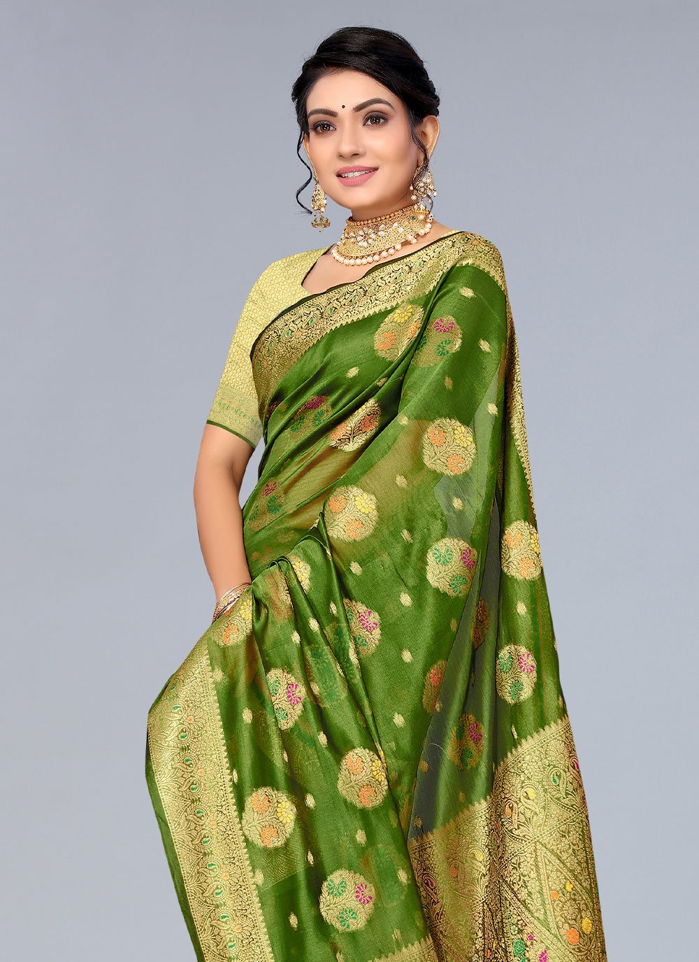 Contemporary Organza Green Woven Saree