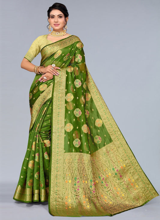 Contemporary Organza Green Woven Saree