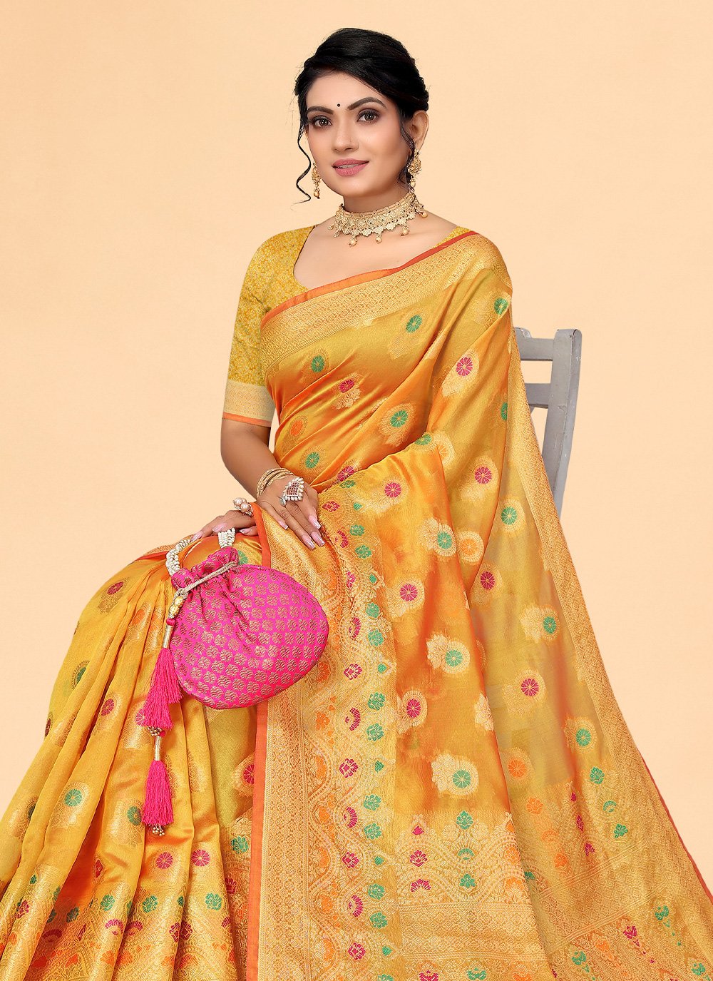 Contemporary Organza Mustard Woven Saree