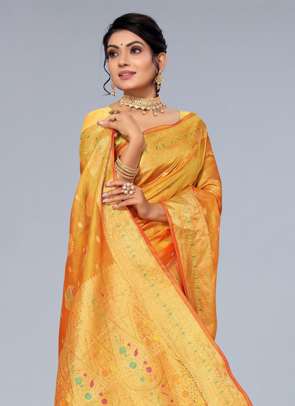 Trendy Saree Organza Mustard Woven Saree