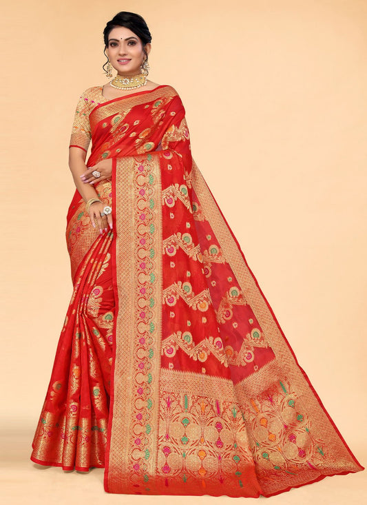 Contemporary Organza Red Woven Saree