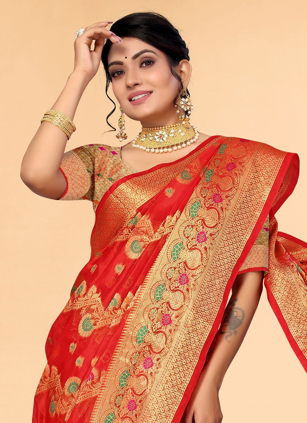 Contemporary Organza Red Woven Saree