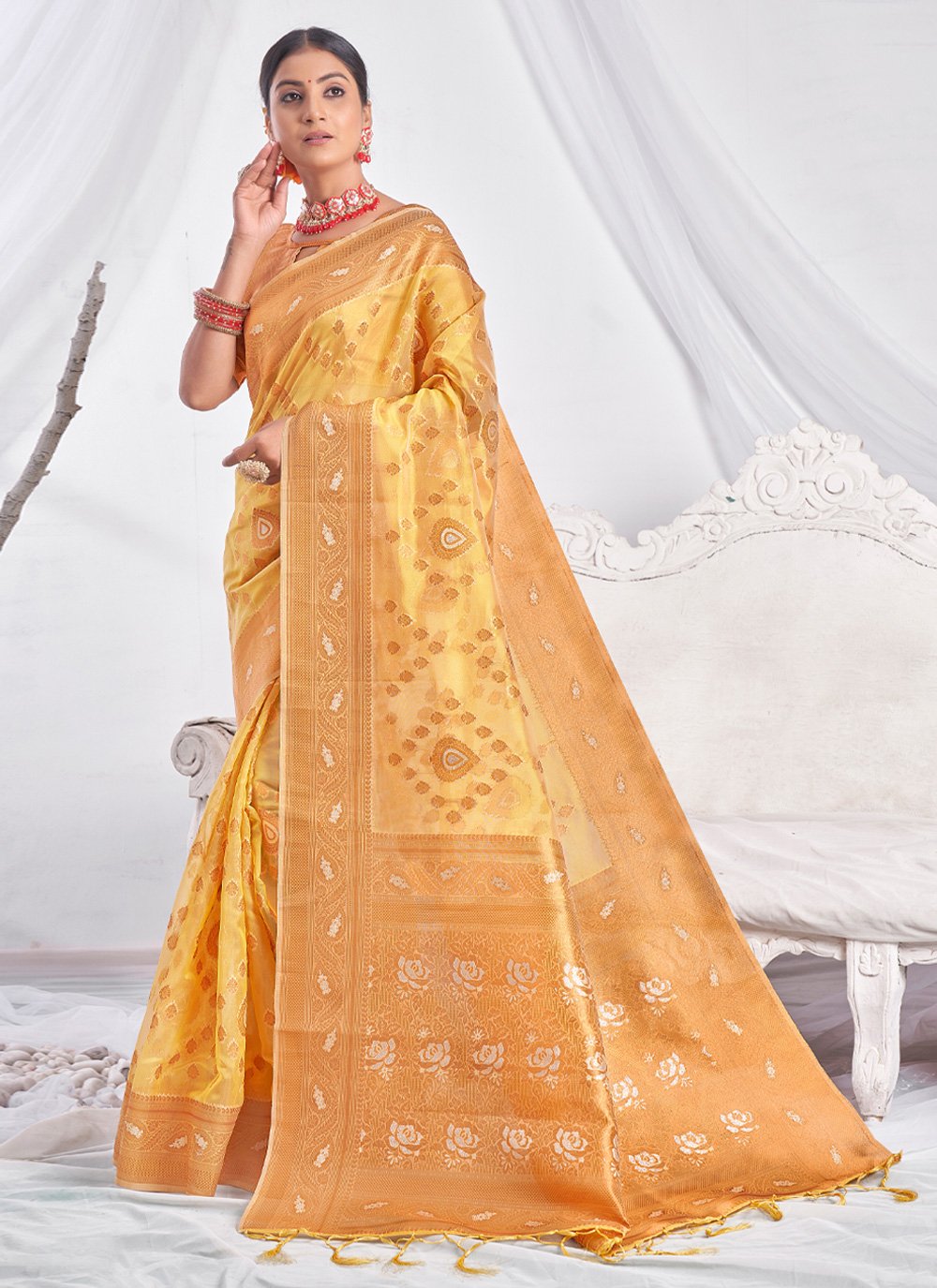 Designer Organza Yellow Embroidered Saree