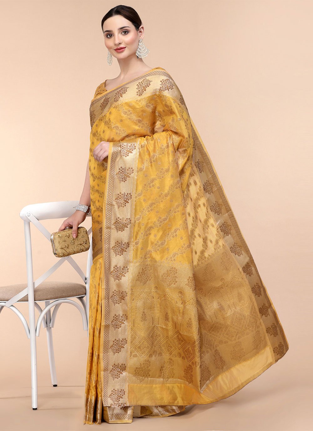 Classic Organza Yellow Patch Border Saree