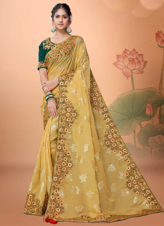 Trendy Saree Organza Yellow Embroidered Saree