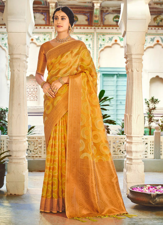 Designer Organza Yellow Fancy Work Saree