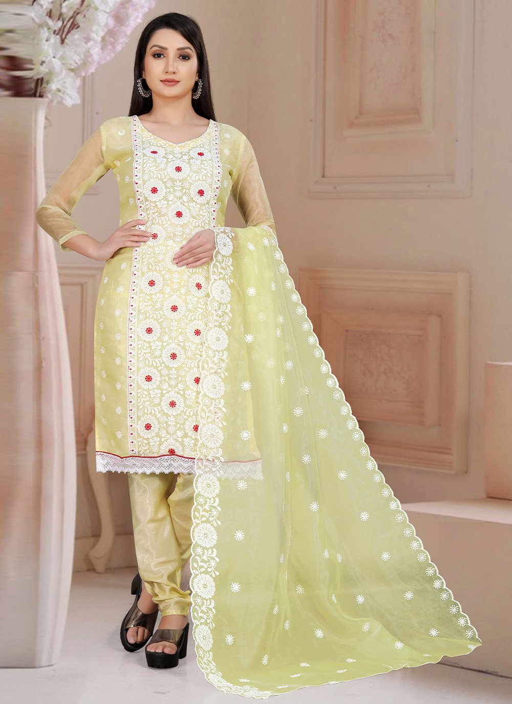 Salwar Suit Organza Yellow Embroidered Salwar Kameez