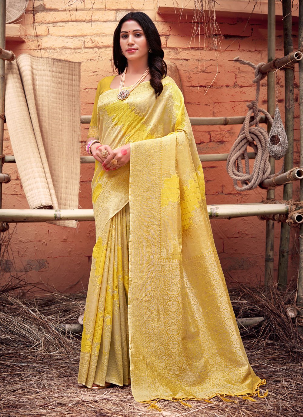 Traditional Saree Organza Yellow Weaving Saree