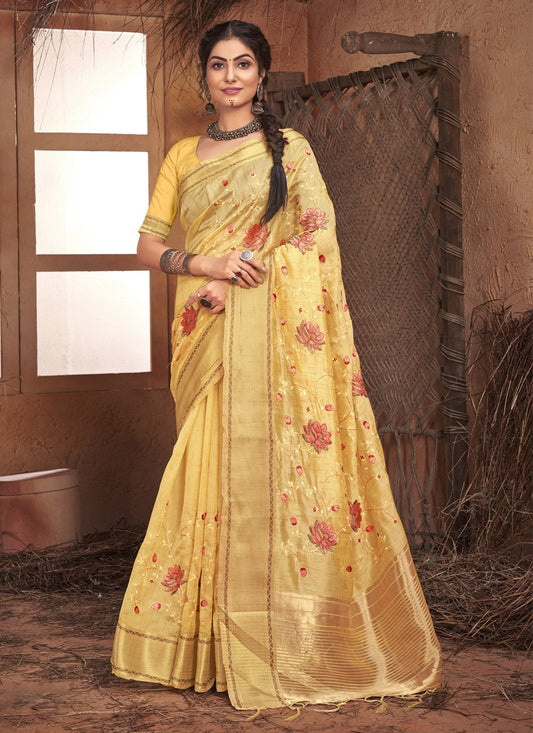 Trendy Saree Organza Yellow Embroidered Saree