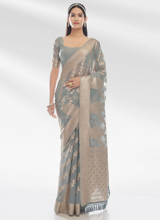 Classic Organza Grey Zari Saree