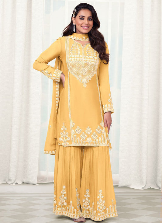 Pakistani Salwar Suit Chinon Yellow Embroidered Salwar Kameez
