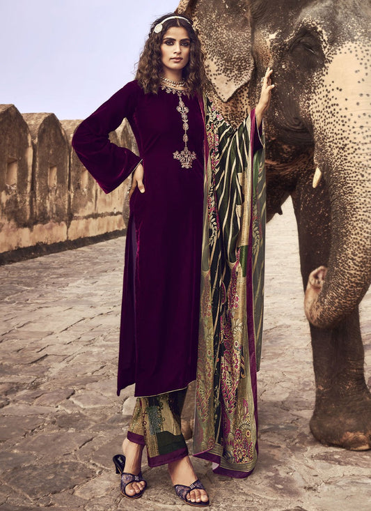 Pakistani Salwar Suit Velvet Purple Embroidered Salwar Kameez