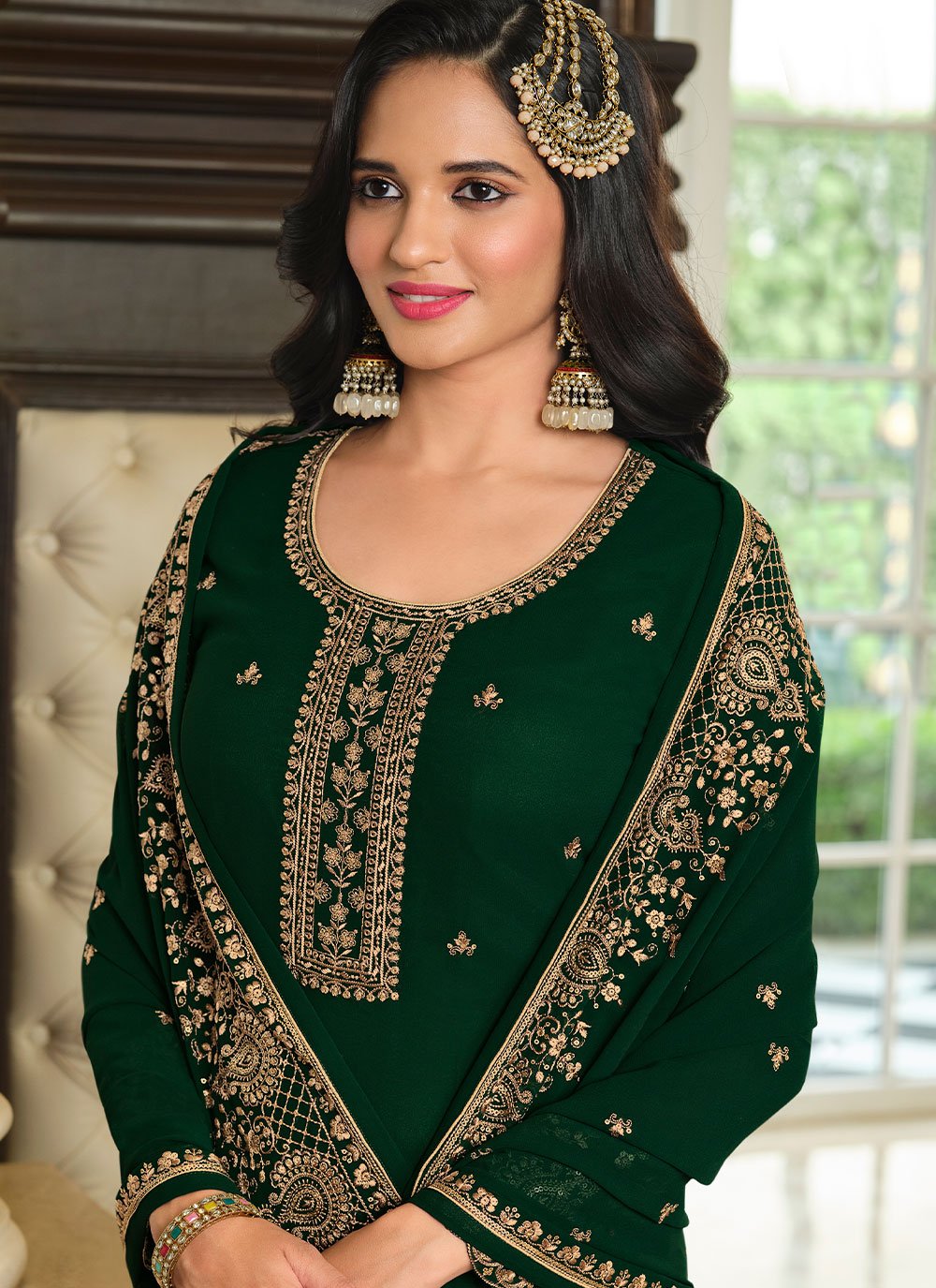 Pakistani Salwar Suit Georgette Green Embroidered Salwar Kameez