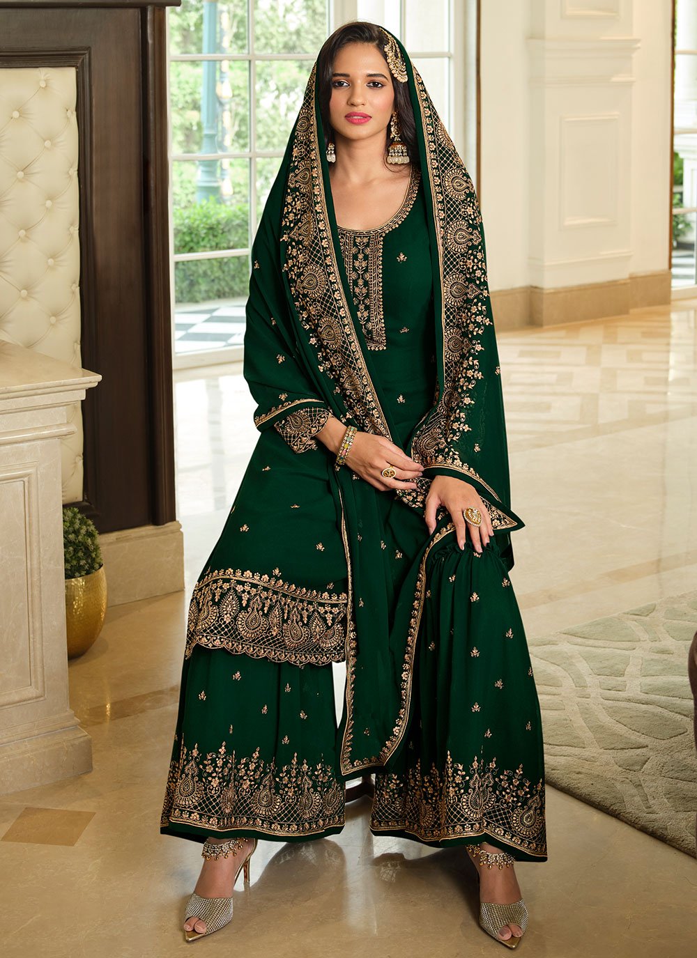 Pakistani Salwar Suit Georgette Green Embroidered Salwar Kameez