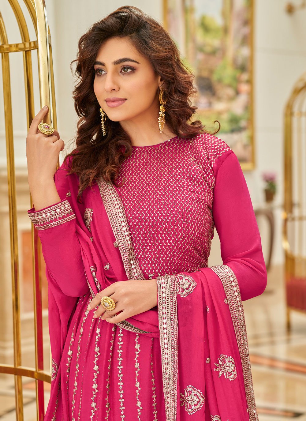 Palazzo Salwar Suit Chinon Rani Embroidered Salwar Kameez