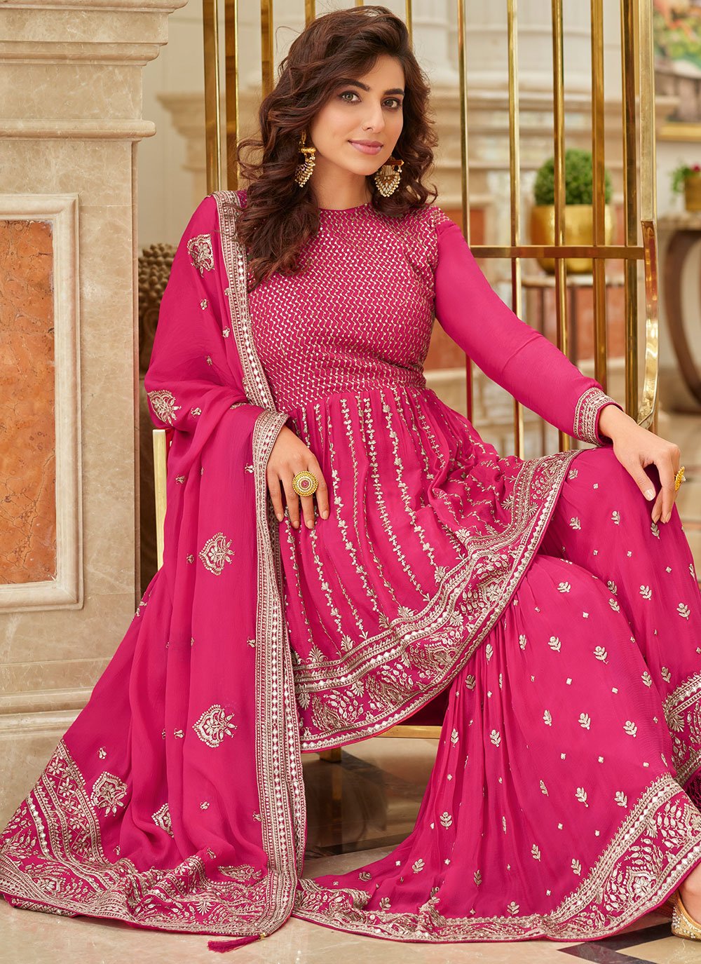 Palazzo Salwar Suit Chinon Rani Embroidered Salwar Kameez