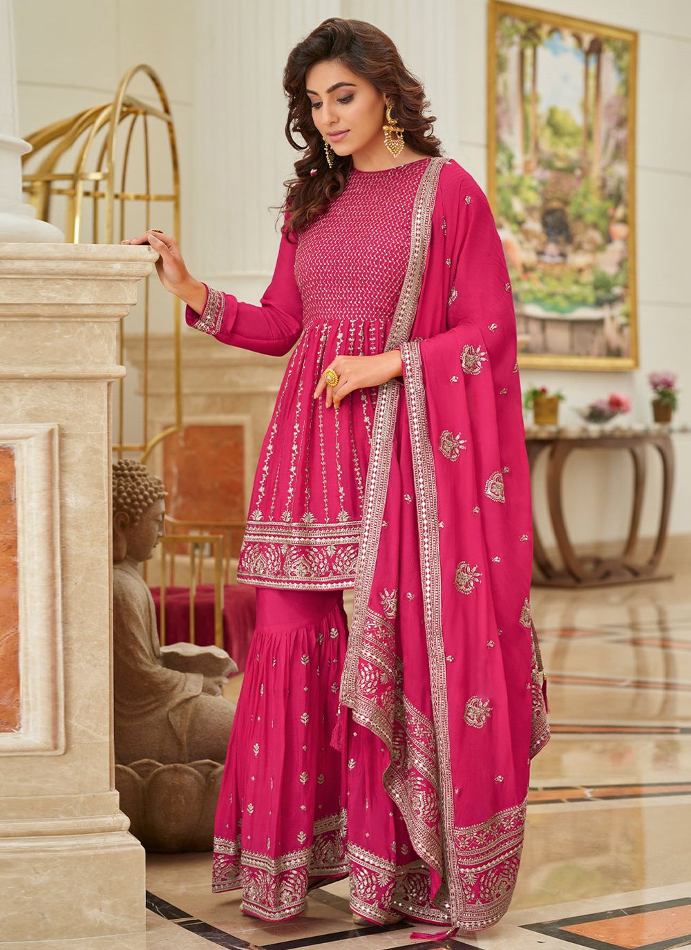 Palazzo Salwar Suit Chinon Rani Embroidered Salwar Kameez