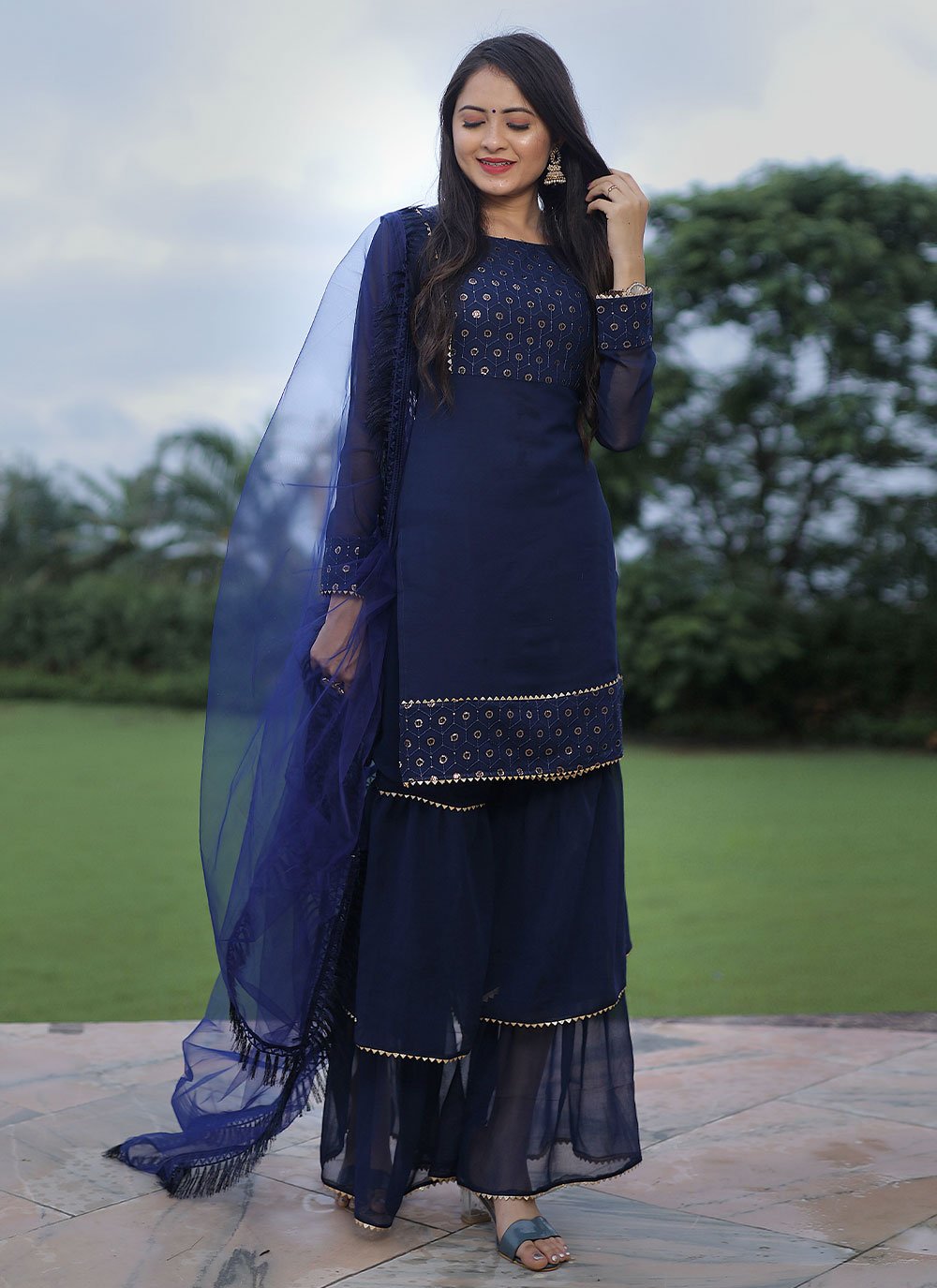 Palazzo Salwar Suit Faux Georgette Blue Embroidered Salwar Kameez