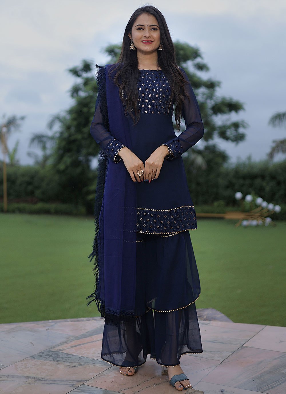 Palazzo Salwar Suit Faux Georgette Blue Embroidered Salwar Kameez