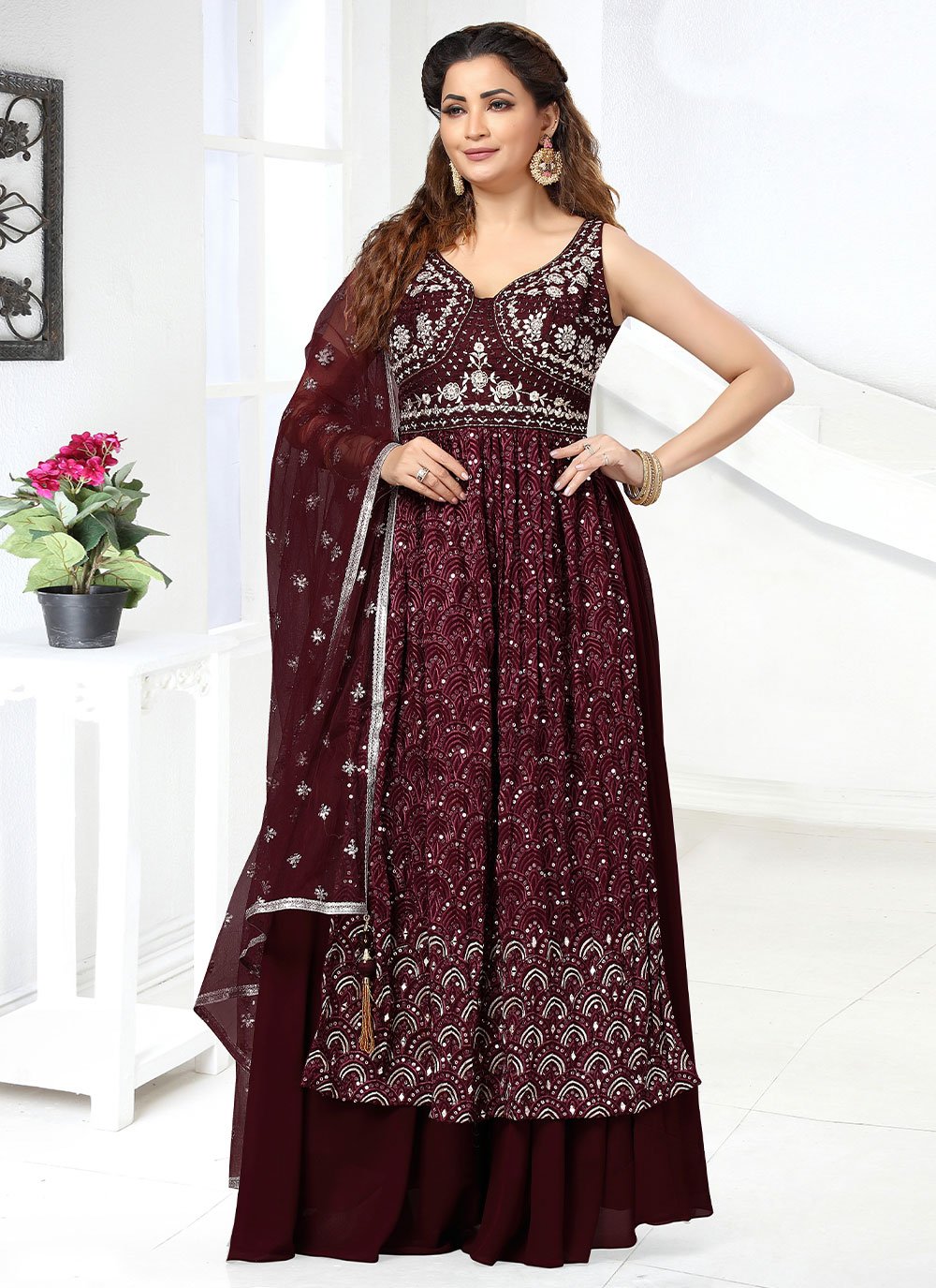 Palazzo Salwar Suit Georgette Maroon Embroidered Salwar Kameez