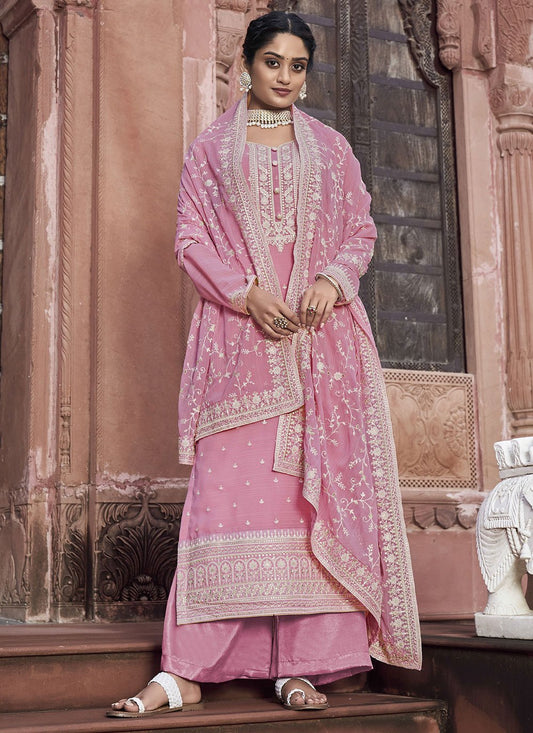 Palazzo Salwar Suit Georgette Pink Sequins Salwar Kameez