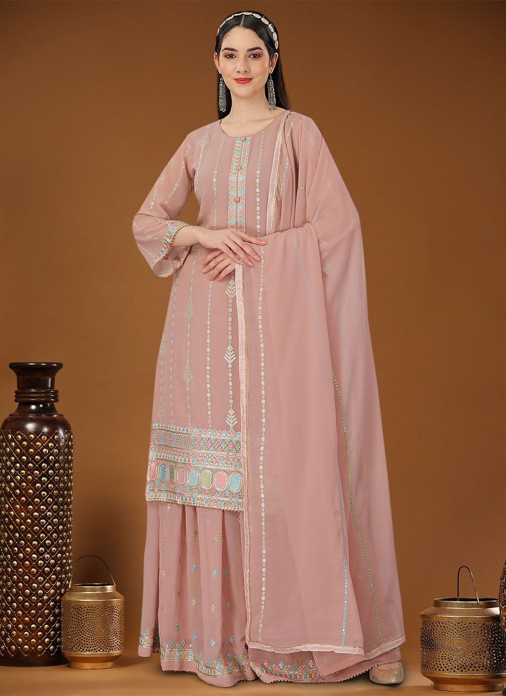 Palazzo Salwar Suit Georgette Pink Embroidered Salwar Kameez