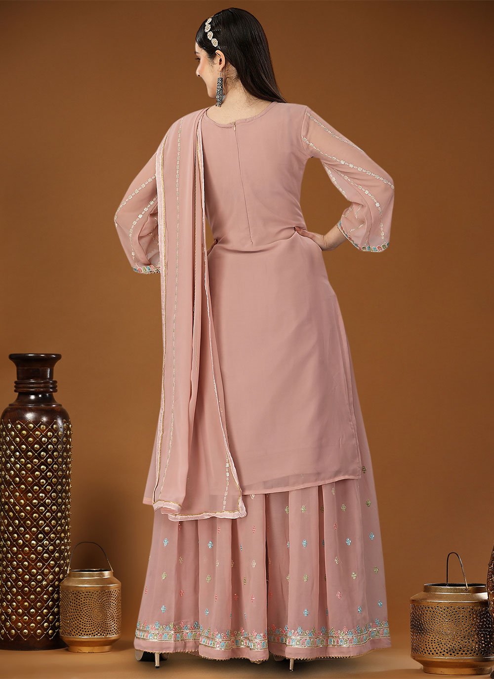 Palazzo Salwar Suit Georgette Pink Embroidered Salwar Kameez