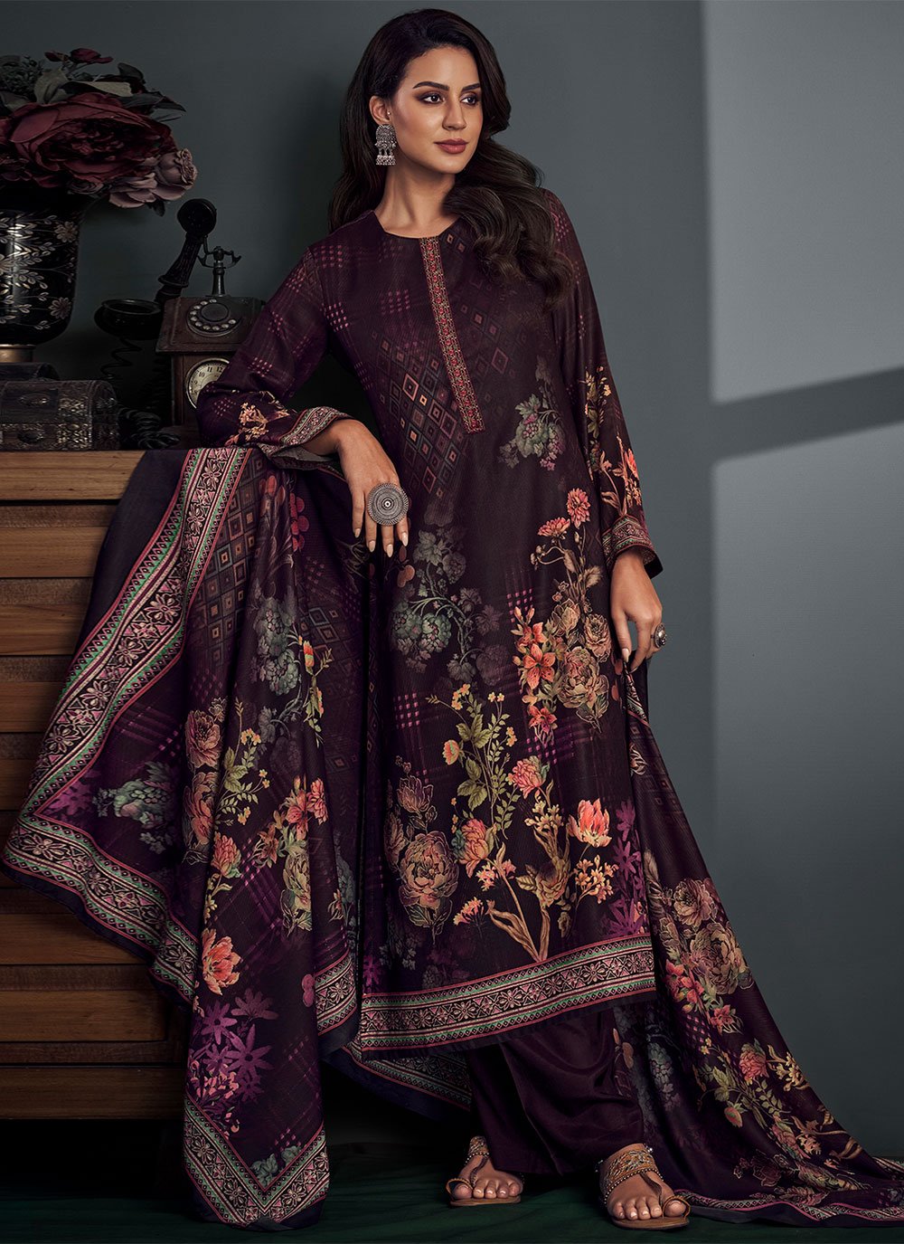 Palazzo Salwar Suit Pashmina Wine Digital Print Salwar Kameez