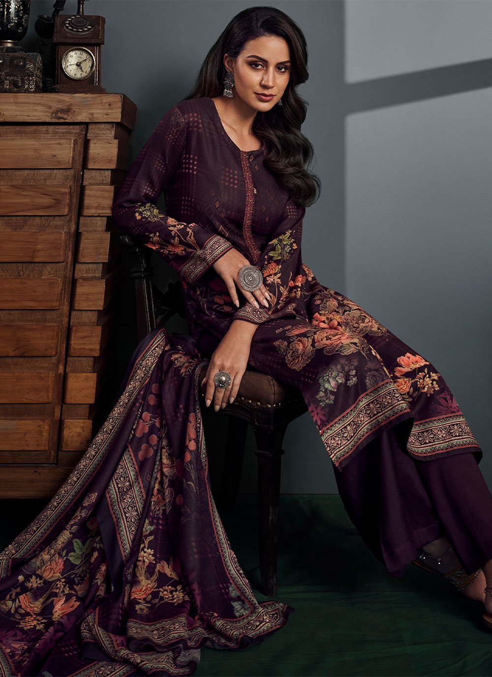 Palazzo Salwar Suit Pashmina Wine Digital Print Salwar Kameez