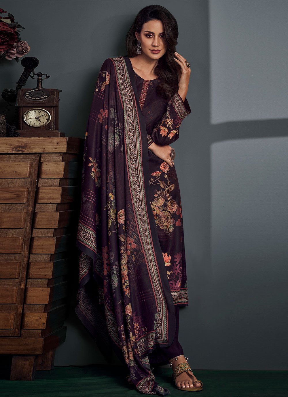 Palazzo Salwar Suit Pashmina Wine Digital Print Salwar Kameez