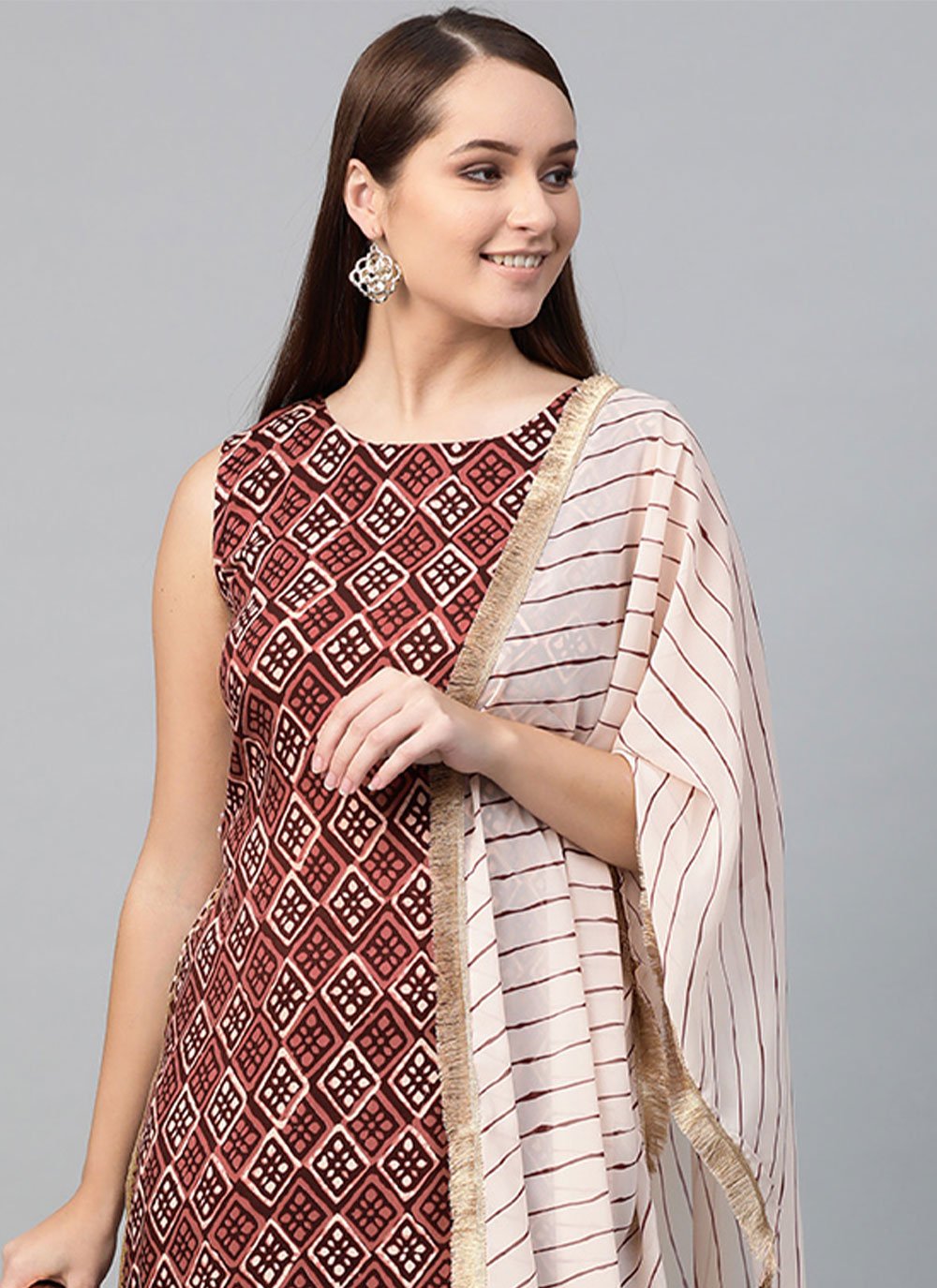 Palazzo Salwar Suit Rayon Brown Print Salwar Kameez