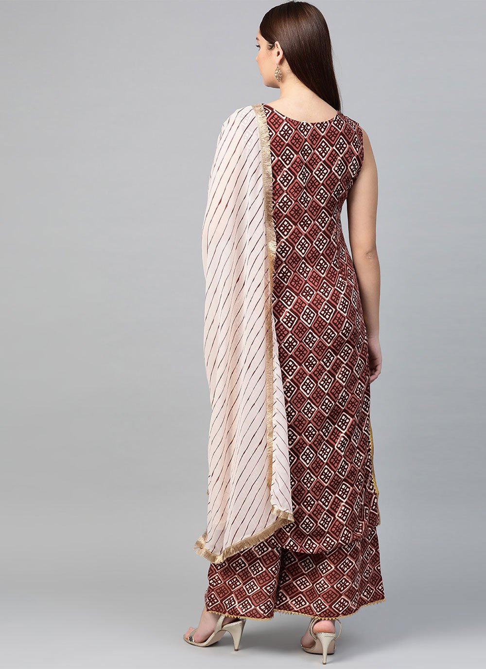 Palazzo Salwar Suit Rayon Brown Print Salwar Kameez