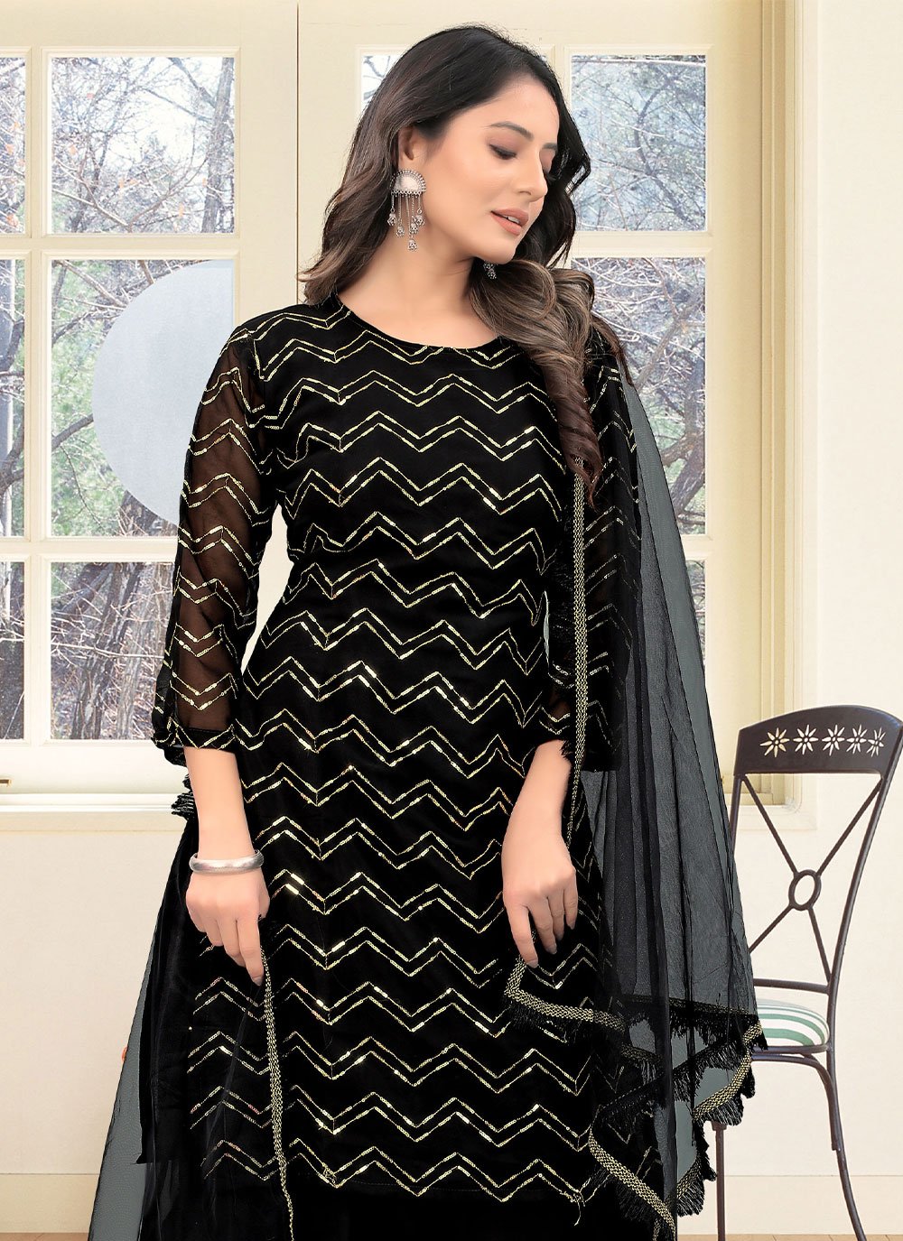 Palazzo Salwar Suit Faux Georgette Black Embroidered Salwar Kameez