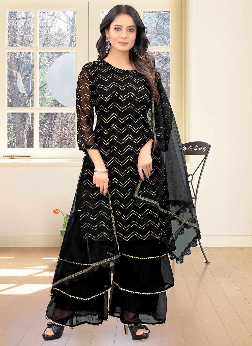 Palazzo Salwar Suit Faux Georgette Black Embroidered Salwar Kameez