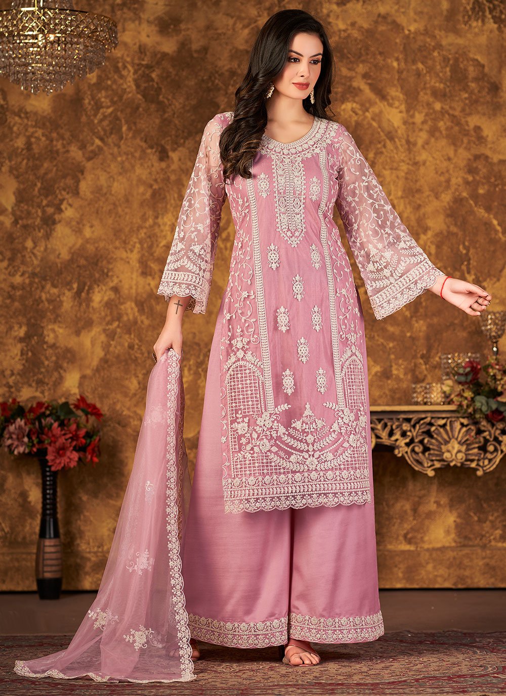 Palazzo Salwar Suit Net Pink Embroidered Salwar Kameez