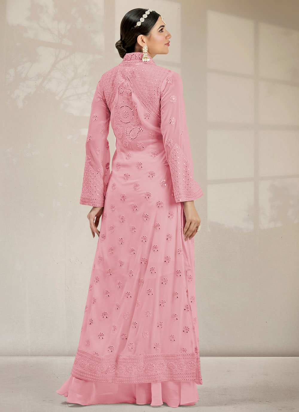 Palazzo Salwar Suit Georgette Pink Embroidered Salwar Kameez