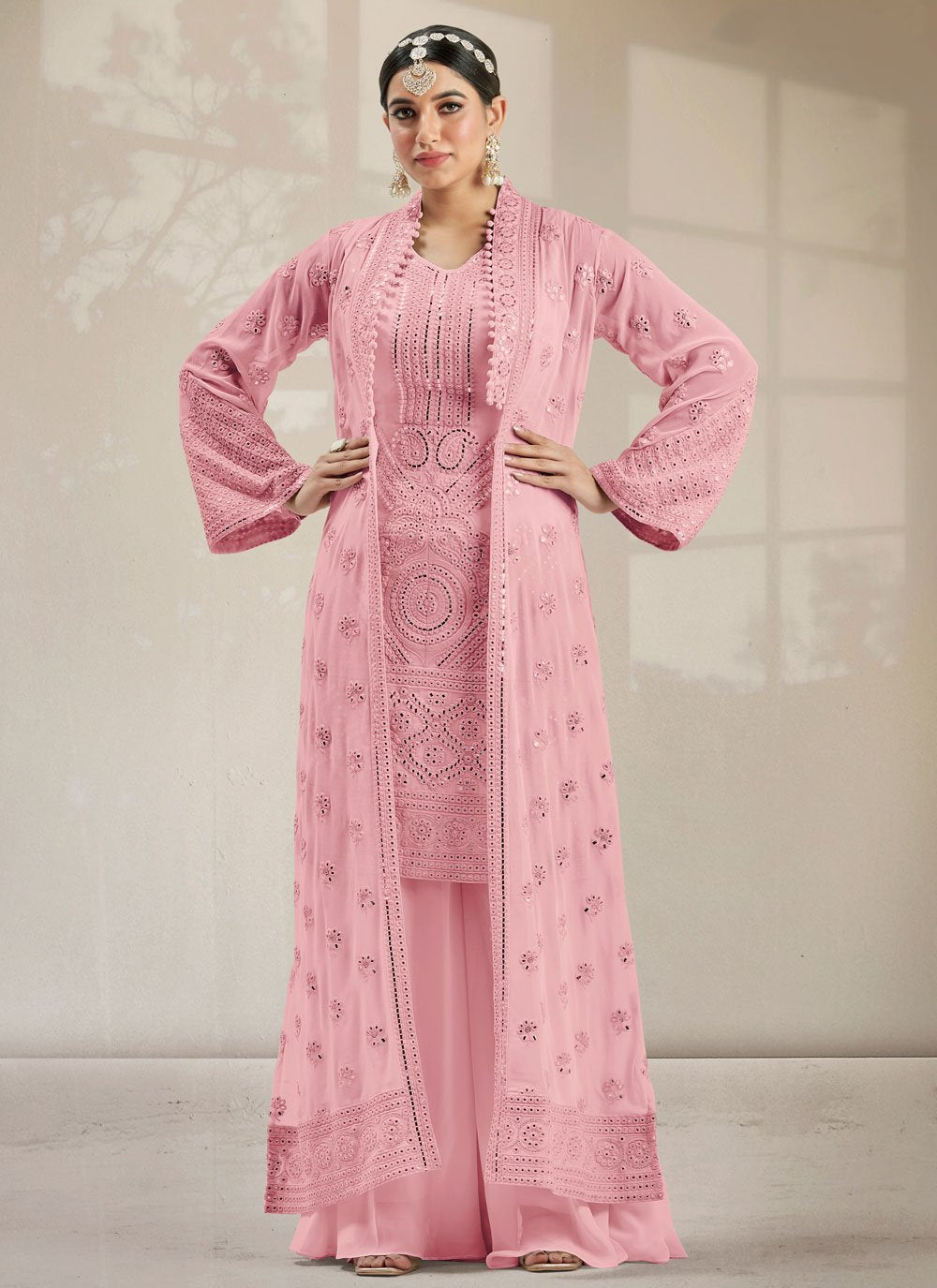 Palazzo Salwar Suit Georgette Pink Embroidered Salwar Kameez