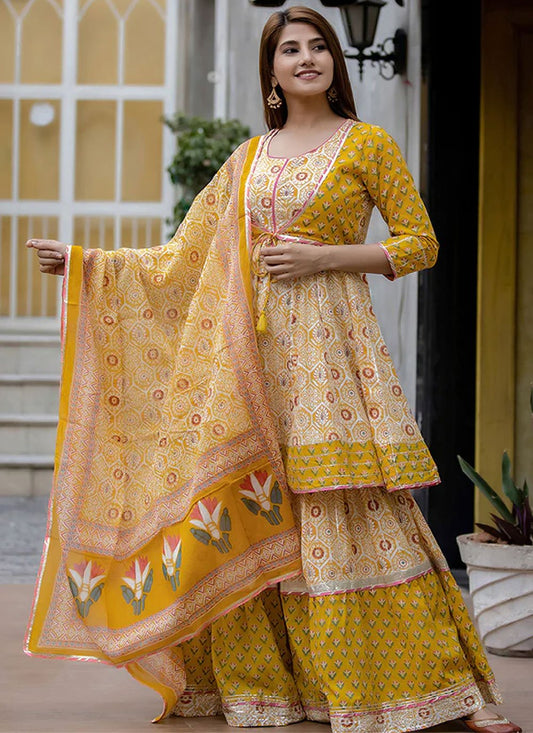 Palazzo Salwar Suit Cotton Mustard Print Salwar Kameez