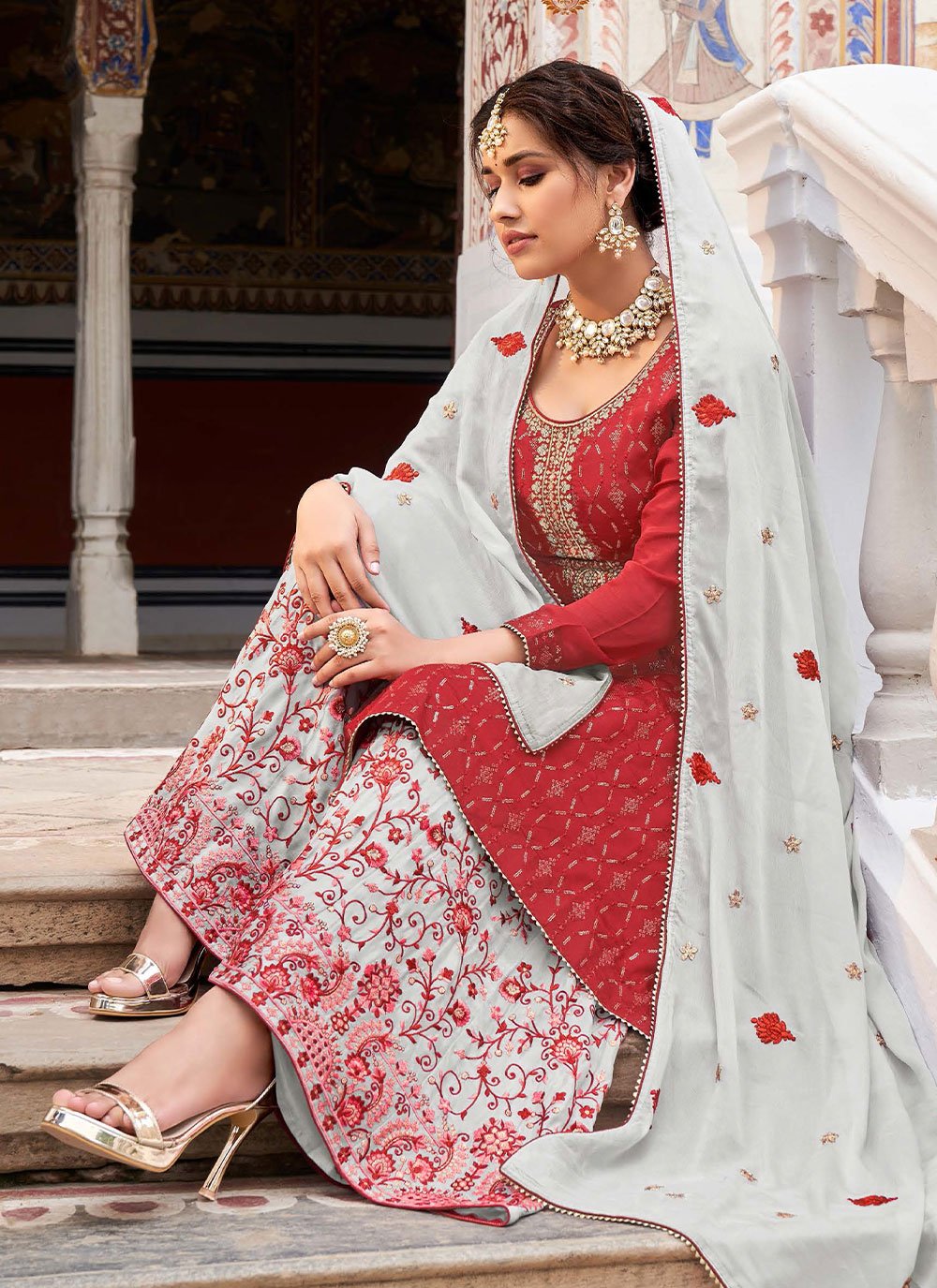 Palazzo Salwar Suit Chinon Red Embroidered Salwar Kameez