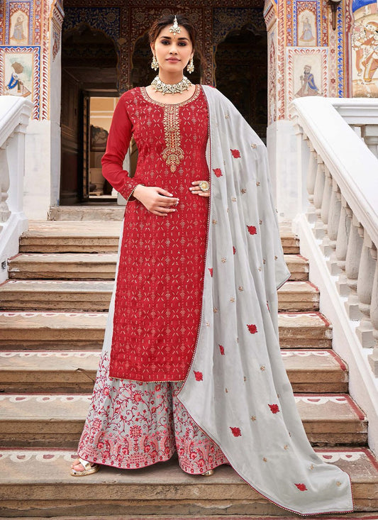 Palazzo Salwar Suit Chinon Red Embroidered Salwar Kameez